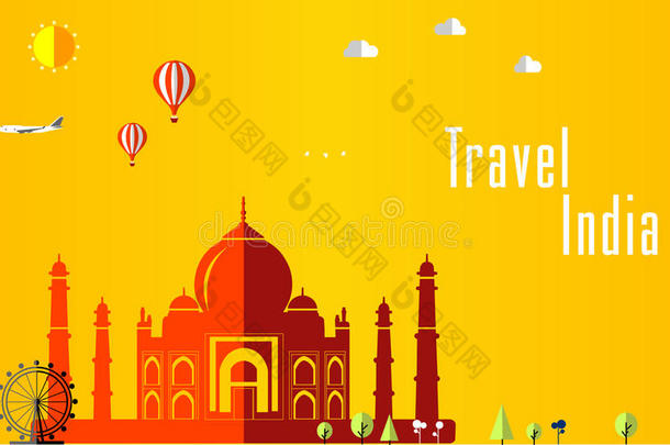 平面时尚的旅游背景，印度，印度的矢量插图，旅游和旅游概念