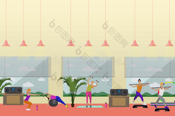 健身中心内部矢量图。 人们在健身房的水平横幅上锻炼。 体育活动的概念。