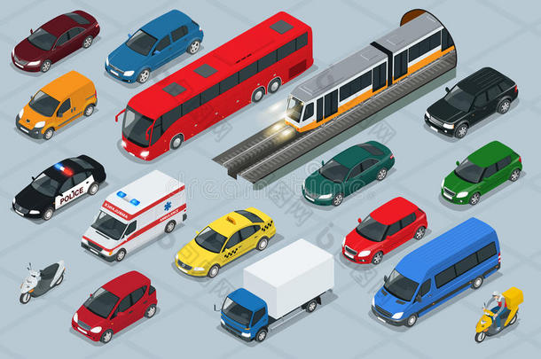 汽车图标。 平面三维等距高质量城市运输汽车图标设置。