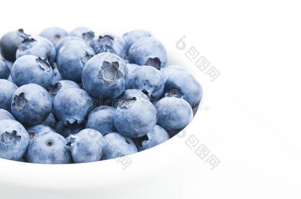 新鲜<strong>采摘</strong>的有机<strong>蓝莓</strong>在白色碗-近距离工作室拍摄的重点是浆果