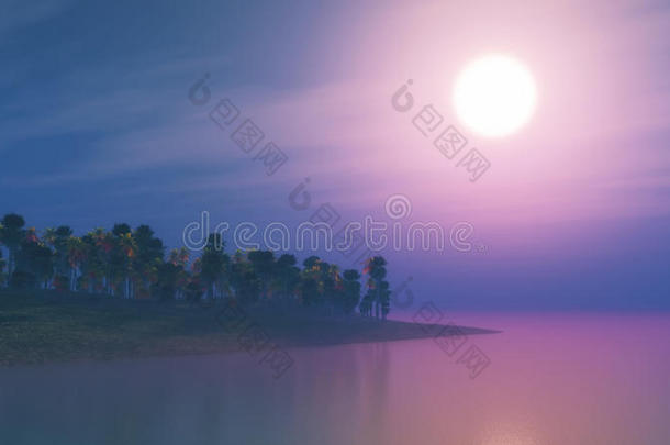 日落时的3D棕榈树岛