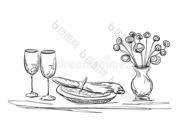 手绘晚餐。 鲜花和盘子