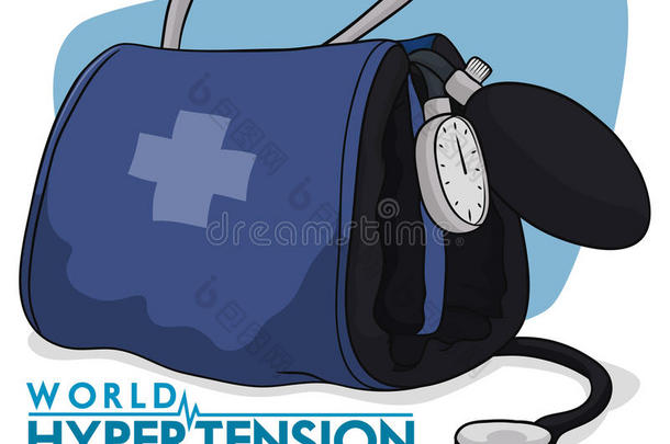 血压袖带听诊器用于高血压日纪念设计，矢量插图