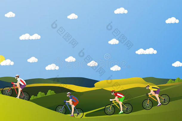 一<strong>群</strong>骑<strong>自行车</strong>的人在山上和公园骑<strong>自行车</strong>。 骑<strong>自行车</strong>运动概念卡通横幅。 矢量插图平面