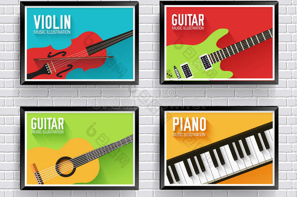 五颜六色的古典乐器背景。 音乐乐器平面设计