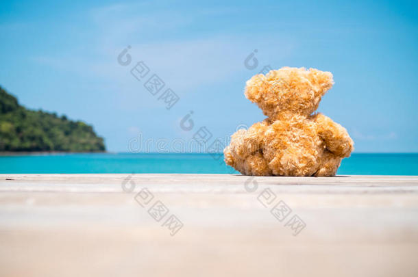 棕色熊娃娃坐在海边的木地板上