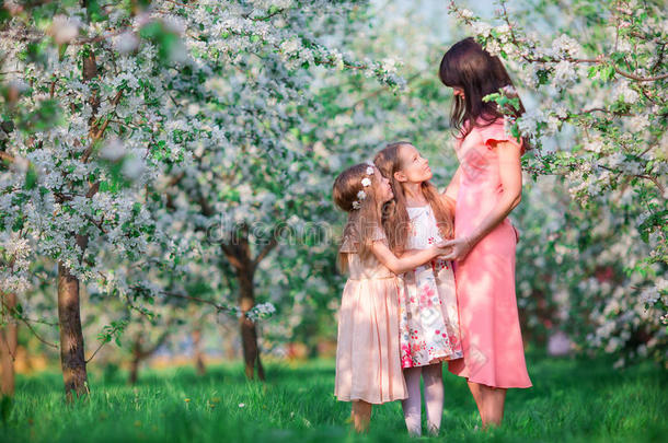 可爱的小女孩和年轻的母亲在盛开的樱桃园在美丽的春天