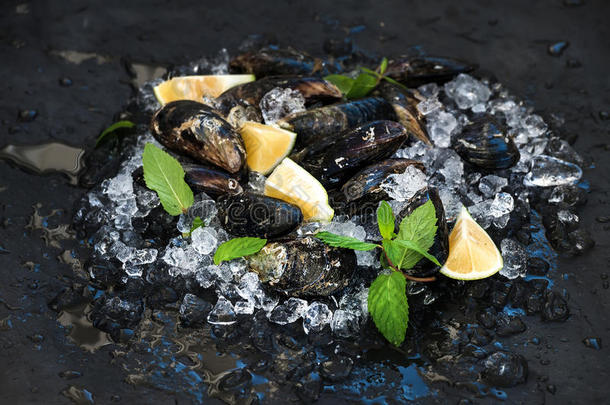 新鲜未煮熟的贻贝与柠檬，草药和香料在碎冰上的黑色石板石背景