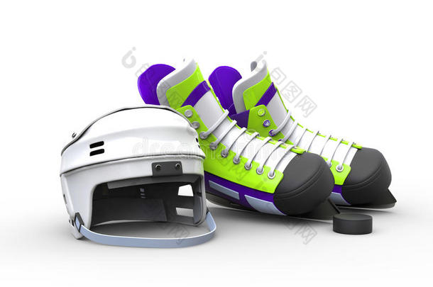 绿色紫色曲棍球溜冰鞋，白色曲棍球头盔