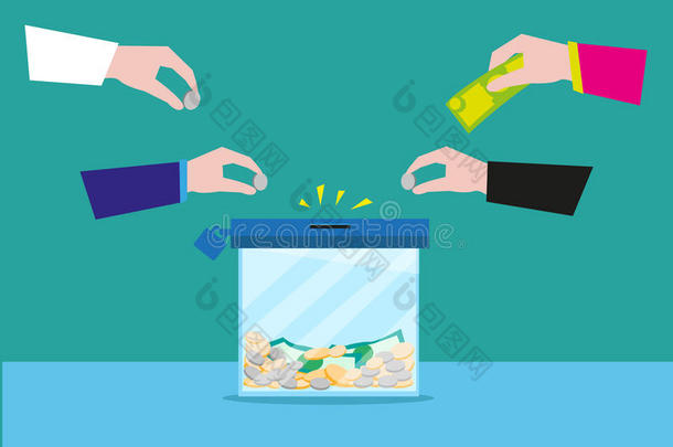把钱放在玻璃盒子或银行集装箱上。 捐赠或银行储蓄概念。 可编辑剪贴画。