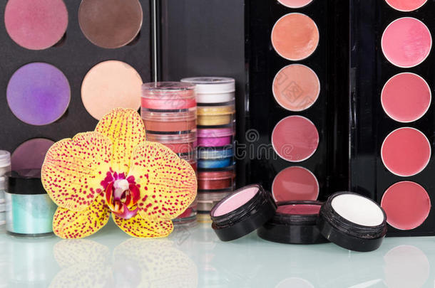收集化妆品和兰花背景的专业化妆品。
