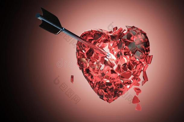 破碎的光泽金属心脏，黑色背景上有箭头。 情人节海报模板渲染