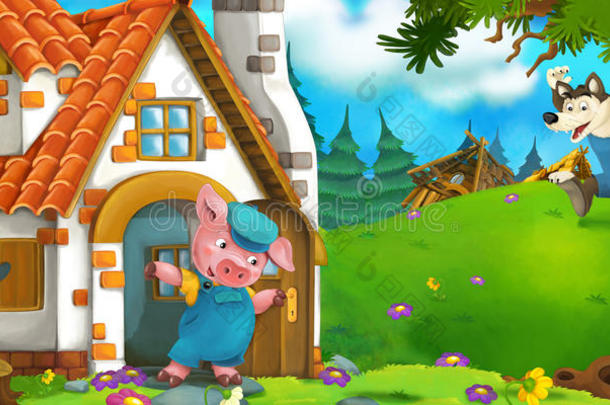 一只猪在房子附近和狼向他跑来的卡通场景