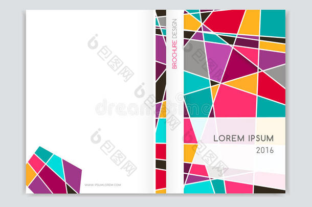小册子传单封面设计。 抽象的几何背景。 粉红色，橙色，白色，灰色，绿松石三角形。 A4大小。