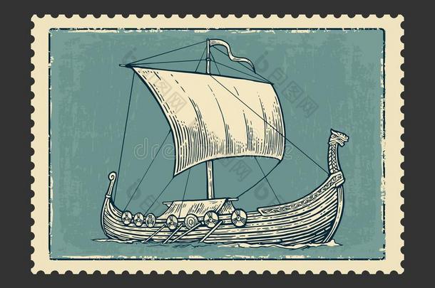 德拉卡漂浮在海浪上。 手绘设计<strong>元素帆船</strong>。 老式矢量雕刻插图