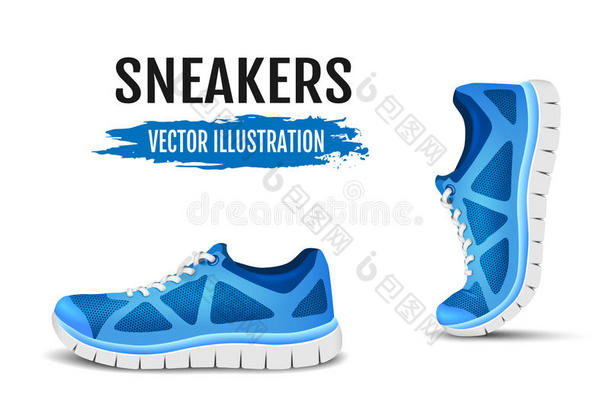 两只跑鞋的背景。 蓝色运动鞋跑步。 蓝色弯曲运动鞋跑步