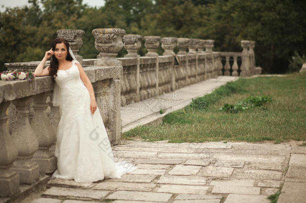 华丽浪漫，温柔，时尚，美丽的白种人新娘，背景是古老的巴洛克城堡