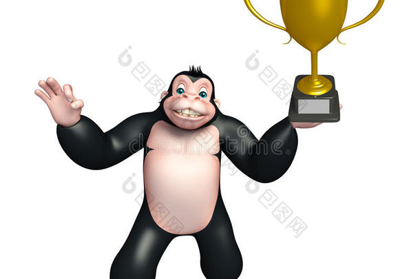 可爱的大猩猩卡通人物与获奖杯