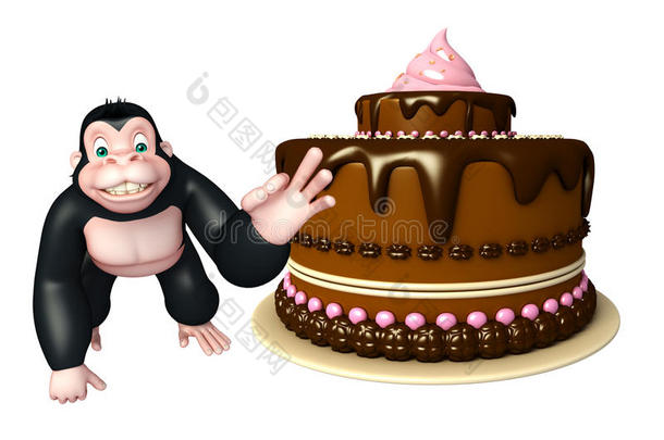 可爱的大猩猩卡通人物带蛋糕