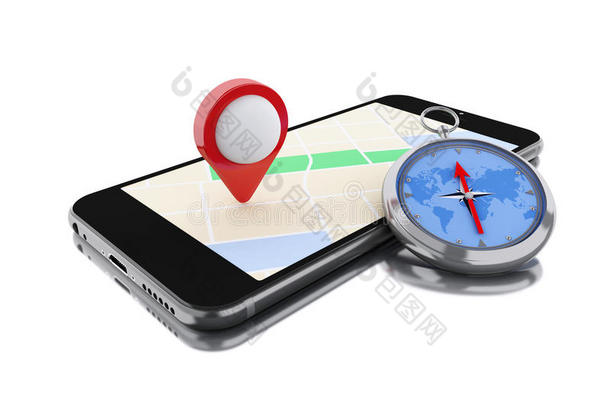 带有地图、红色指针和指南针的3D智能手机。