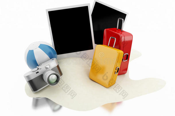 三维手提箱，沙滩球，相机和照片。 旅行概念。