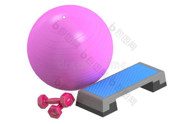 健身和运动设备的概念。 有氧步板，哑铃和健身球三维渲染