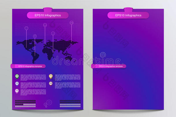 彩色梯度小册子模板与信息图形。 带有虚线世界地图、指针、时间线、轮廓技术的信息图