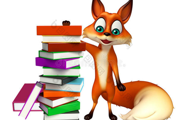 有趣的狐狸卡通人物与书堆