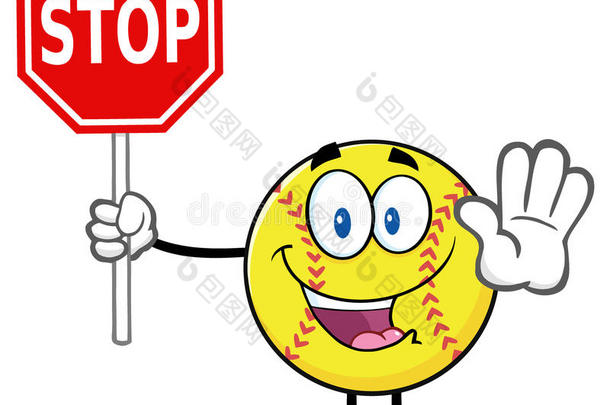 有趣的垒球卡通吉祥物人物手势和持有停止标志