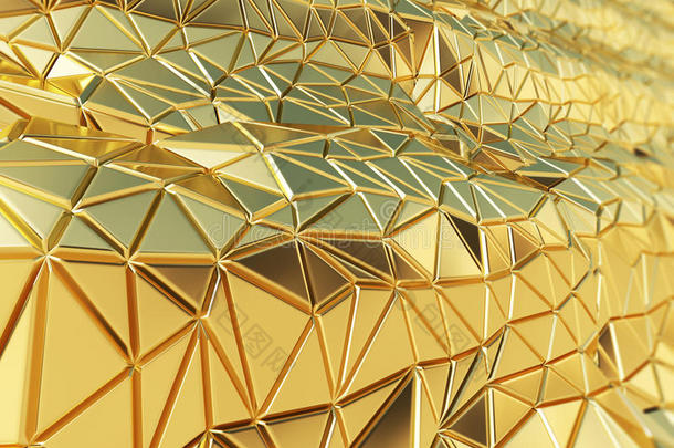 三维渲染美丽闪亮的金色三角形几何设计背景。