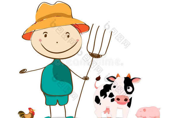 有趣的农夫和牛，猪，。 孤立的插图