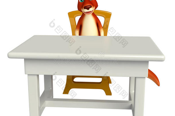 有趣的袋鼠卡通人物与桌子和椅子