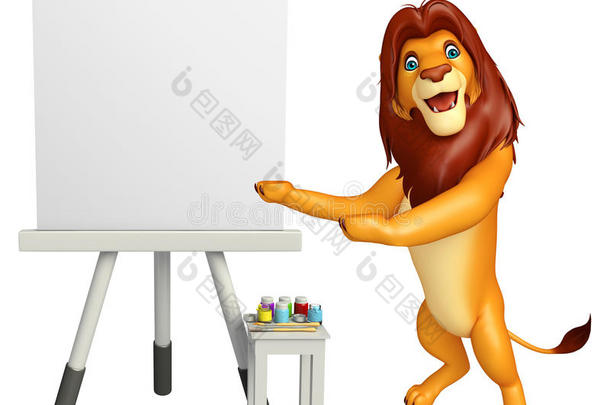 有趣的狮子卡通人物与画架板