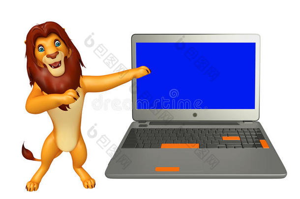 有趣的狮子卡通人物与笔记本电脑