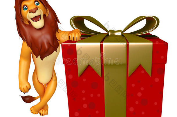 可爱的狮子卡通人物与礼品盒