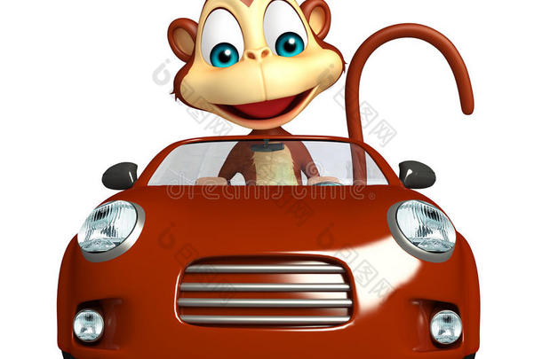 可爱的猴子卡通人物与汽车