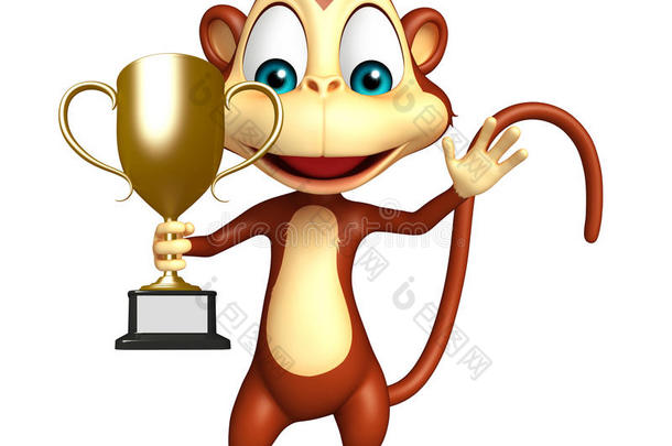 有趣的猴子卡通人物与获奖杯