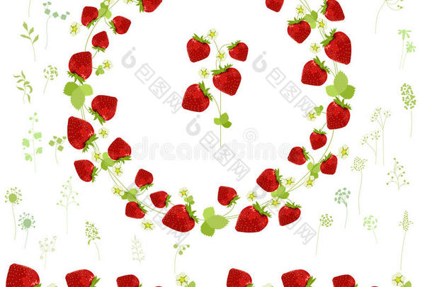 花卉圆形花环和无尽的图案刷由成熟的草莓。
