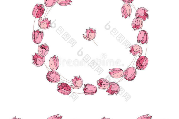 花卉圆形花环和无尽的图案刷由红色和粉红色郁金香。