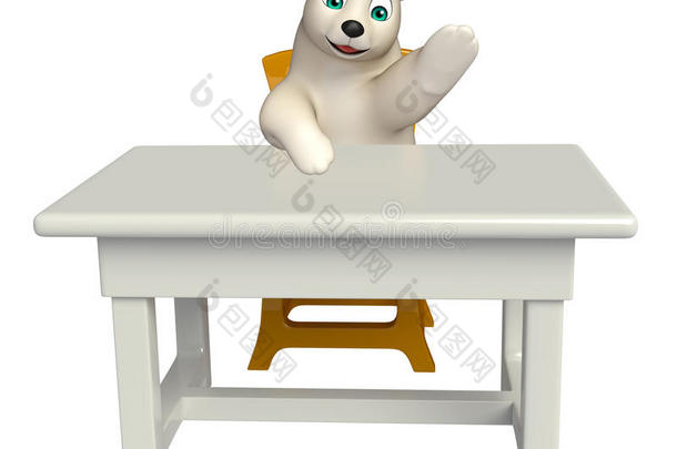 有趣的北极熊卡通人物与桌子和椅子