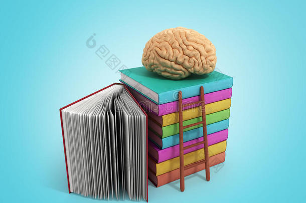 大脑训练的概念在于一堆书和旁边的木制楼梯，在梯度背景上进行三维渲染