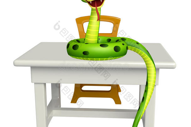 可爱的<strong>蛇卡通</strong>人物与桌子和椅子