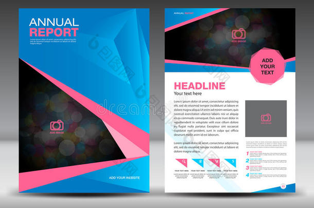 蓝色和粉红色年度报告模板，封面设计，小册子传单