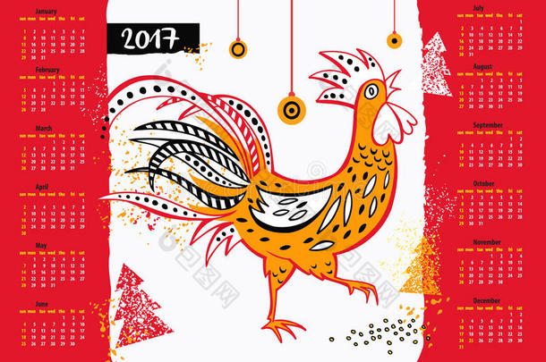 日历2017年中国公鸡新年。 矢量插图