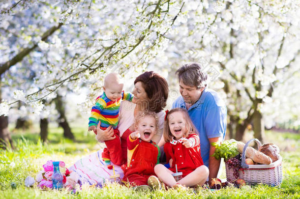 一家人和孩子们在春天的公园里野餐