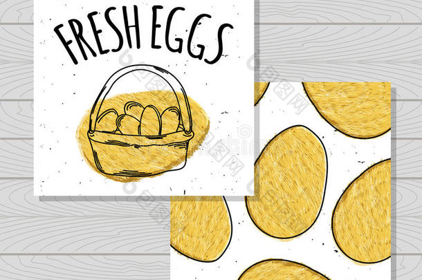 手绘彩色卡片农场新鲜鸡蛋鸡。 蛋白质早餐。 素食。 篮子里的鸡肉复活节彩蛋。 矢量