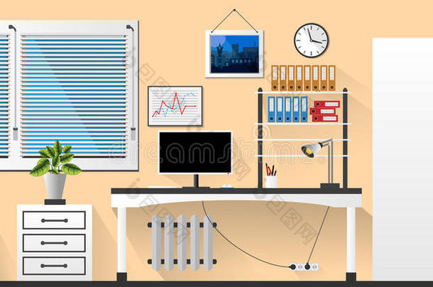 平矢量内部办公室，奶油和白色风格