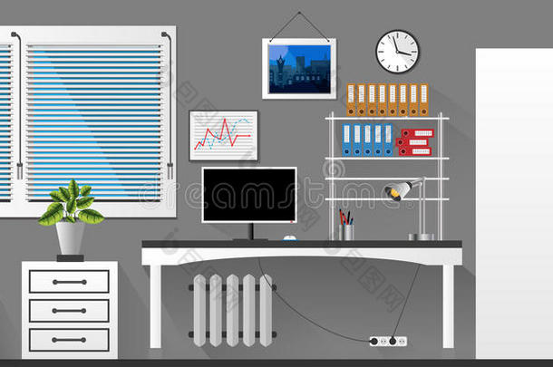 平矢量室内办公室，灰色和白色风格