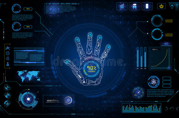未来的手<strong>扫描</strong>识别与HUD元素界面屏幕监视器设计背景模板