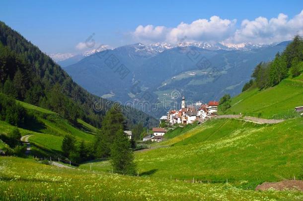 阿尔卑斯山村庄在意大利阿尔卑斯山山谷的春天夏天